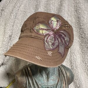 Vintage 90s Cadet Style Army Cap Brown One Size Adjustable Distressed Floral